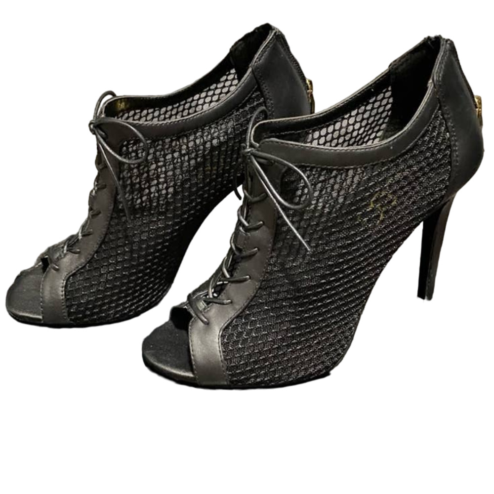 BCBG Paris Arria Black Net Lace Up Leather Heel Booties